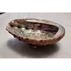 Vintage Abalone Shell Trinket Dish Lucite Feet 5.5x4.5 Silver  Highly Iridescent